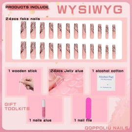 QQPPOLIU Long Press on Square Nails,Pink Fake Nails with Striped Designs,Full Cover Nails for Women/Birthday/Bride/Holiday/Christmas/Valentine'S Day/Women/Young(Pattern 102)