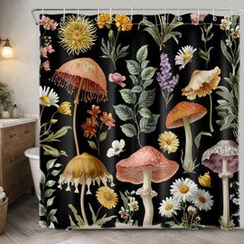 DEMCEAR Country Mushroom Floral Shower Curtain,Black, 72W X 72L inches