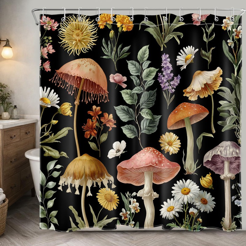 DEMCEAR Country Mushroom Floral Shower Curtain,Black, 72W X 72L inches