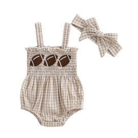 Kuriozud Football Outfits Clothes Baby Girl Rugby Bubble Romper Smocked Onesie Summer Sleeveless Bodysuit Girl Watch Football With Daddy Clothes(Khaki Football, 6-12 Months)