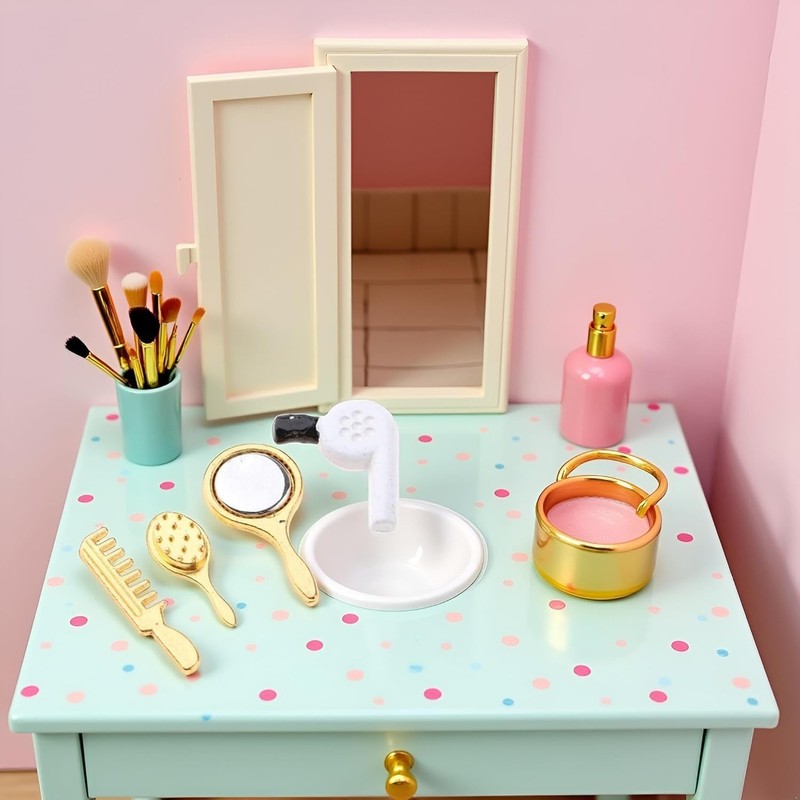 4Pcs Miniature Comb, Hair Dryer Mirror Makeup Set, 1:12 Scale