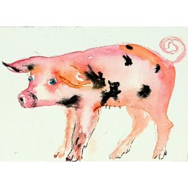 ACEO pink pig pet art signed painting,home interior design,pig lover best gift