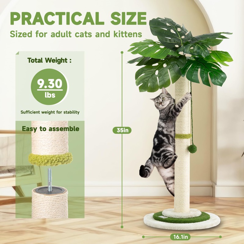 Meowoou Cat Scratching Post for Space-Saving,35” Tall Modern Monstera 3