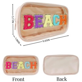 Bolsa de maquillaje transparente con letras de chenilla, parche para playa, maquillaje, bolsa de cosméticos para viajes en la playa, nailon y PVC, imp
