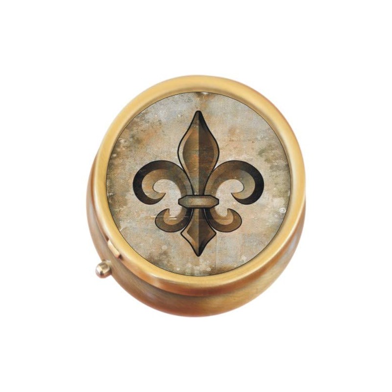 Vintage Fleur De Lis Brass Round Pill Box