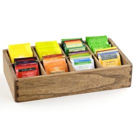 KIRIGEN Wooden Tea Box Organiser with 8 Compartments - Tea Bag Storage Box for Kitchen, Office & Home - Versatile Tea Bag Holder Made of Solid Wood for Tea Bags, Coffee & Spices Yellow-Brown