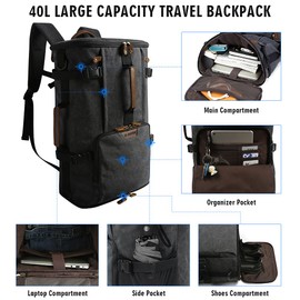 G-FAVOR Canvas Travel Backpack for Men, 40L Large Airline Approved Carry On Backpack Fits 17.3” Laptop, Convertible to Shoulder Bag & Duffle Bag for Travel and Work