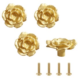 Pack of 4 European Cupboard Knobs, Cabinet Handles with Screws, Golden Furniture Knobs, Cupboard Single Hole Handle, Brushed Brass Cabinet Handles, for Kitchen Cabinets, Drawers, Chests, Furniture