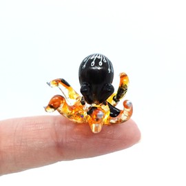 Sansukjai Octopus Tiny Figurines Hand Blown Color Glass Art Animals Collectible Gift Home Decor (Black Orange)