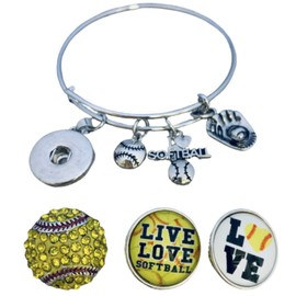 Sportybella Softball Interchangeable Snap Charm Bracelet- Girls Softball Jewelry - Gift For Softball Players
