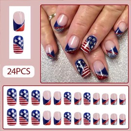 4th of July Nails - Fourth of July Nails Short Square Press On Nails Fake Nails with American Flag Glitter Design, Acrylic Artificial False Nails Press Ons Stick On Nails for Women