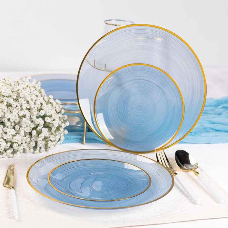 100PCS Blue Plastic Plates-Crystal Design Blue Disposable Plates with Gold