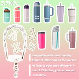 Bonito juego de dijes de letra compatible con botella de agua Owala de 24 onzas, 32 onzas, 40 onzas, Owala Kids, vaso de café Owala, Owala FreeSip – Incluye correa de asa, para accesorios de copa