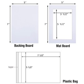 Acid Free 5 Pack 5x7 Pre-Cut Mat Board Show Kit for 4x6 Photos, Prints or Artworks, 5 Core Bevel Cut Matts and 5 Backing Boards and 5 Crystal Plastic Bags, White