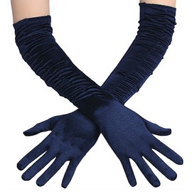 Deceny CB - Guantes largos de satén para mujer, guantes de ópera fruncidos, Azul marino, normal talla