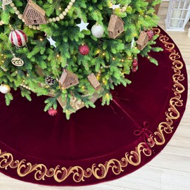 84-Inch Burgundy Velvet Christmas Tree Skirt with Golden Swirl Embroidery, Foam-Padded, Elegant Lace Tie Closures