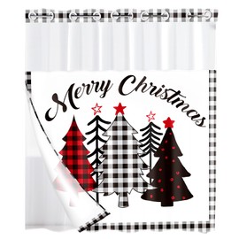 FuWeave No Hook Christmas Shower Curtain, Double Layer Farmhouse Christmas Tree Shower Curtain with Snap in Liner Buffalo Plaid Xmas Tree Shower Curtain for Bathroom Hotel Decor, 71" x 74"