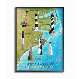Stupell Industries Map of Lighthouses in North Carolina Coastal Design, Designed Licensing Studio Wall Art, 11 x 14, Black Framed