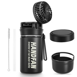 HandFan Bottle With Fan Sport Insulated Kids Water Bottle With Straw&Handle Leak Proof Vacuum Stainless Steel Water Jug - 12oz（Black）
