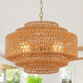 Tunkayli Hand-Woven Rattan Chandelier 20in Boho Chandelier Vintage Light Fixtures 4-Light Gold Coastal Bamboo Wicker Chandelier for Dining Room Bedroom Kitchen Island Entryway