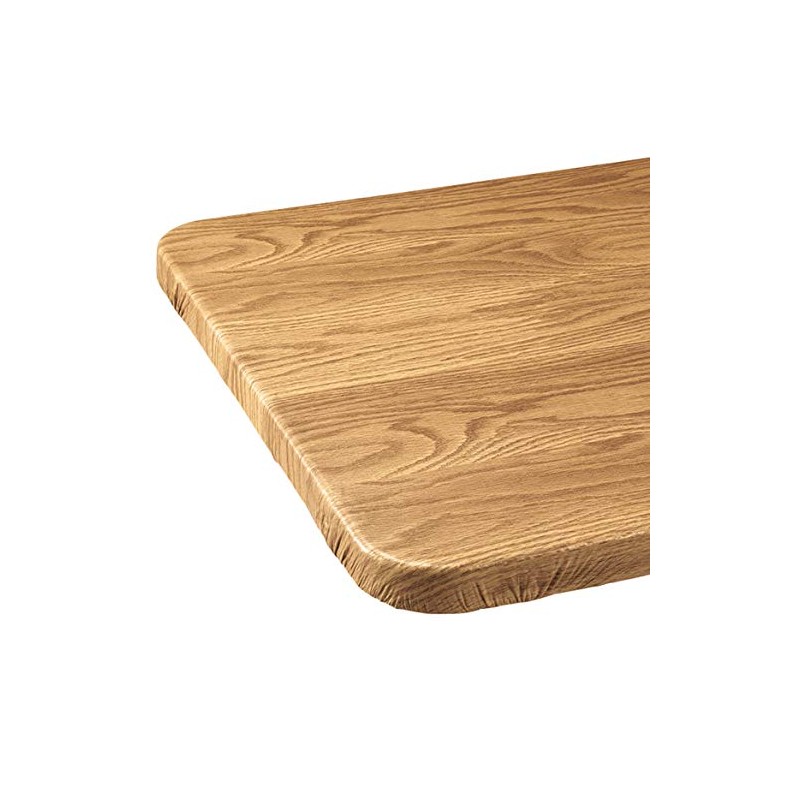 Wood Grain Vinyl Elasticized Banquet Table Cover, Soft Fleece Back,