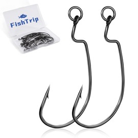 FishTrip 25pcs Ringed EWG Hooks, Bass Fishing Hooks Offset Worm Hook Texas Rig Hooks Live Bait Fishing Hooks for Freshwater Saltwater Size 4/0