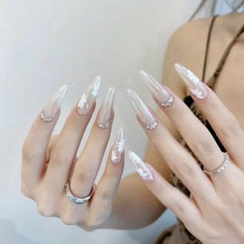 MERVF Almond Press on Nails Flower Fake Nails Press ons White Pearlescent Stiletto Glue on Nails with Rhinestones Design Chrome Acrylic False Nails Glossy 24pcs