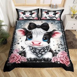 Feelyou Kids Cute Highland Cow Duvet Cover Queen Size Bowknot Highland Cattle Bedding Set Boys Girls Flowers Floral Pattern Comforter Cover Set Western Farmhouse Animal Bedspread Cover（No Comforter