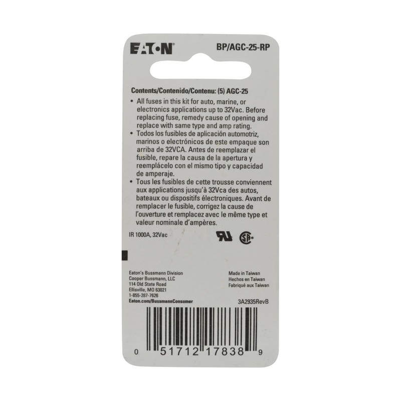 Bussmann BP/AGC-25 25 Amp Fast Acting Glass Tube Fuse