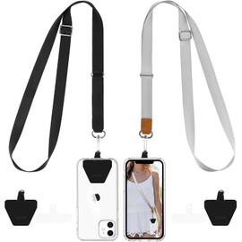 OUTXE 2-Pack Adjustable Neck Strap, 2 Adhesive Patches & 2 Clear Lanyard Tab, Nylon Cell Phone Strap Compatible with All Smartphone (Black & Gray)