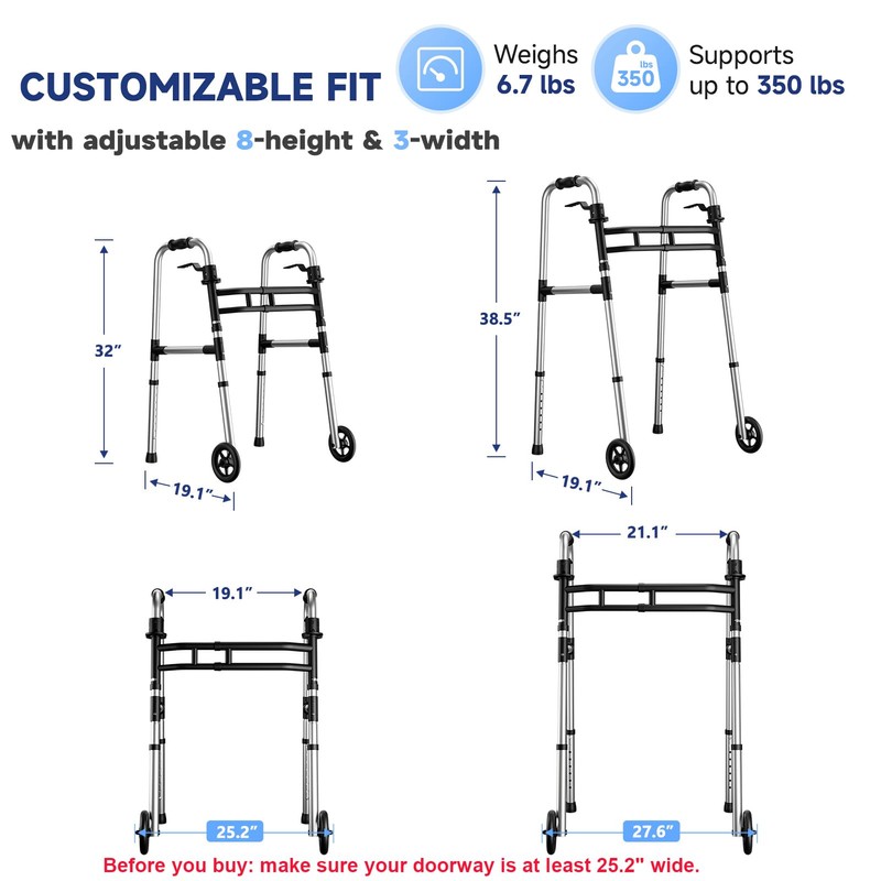 Onpickly Foldable Walker for Seniors with 5" Wheels, Lightweight, Silver