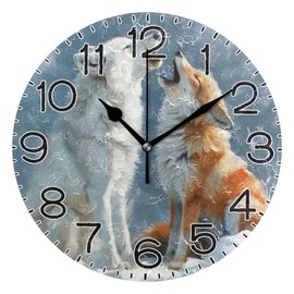 Arctic Wolf and Fox Wall Clock Battery Operated Non Ticking Silent Quartz Analog Rustic Farmhouse Round Clock Retro Decor for Home Kitchen Living Room Bathroom
