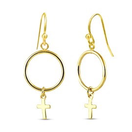 Charmsy Sterling Silver Jewelry Yellow Gold Circle with Cross Charm Drop Dangle Earring for Teens 38 MM