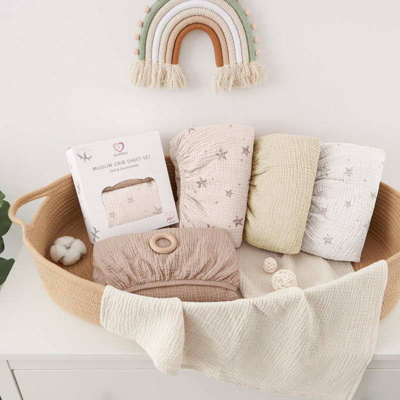 Bearmoss Muslin Cot Sheets 100% Cotton Baby Bed Sheets Soft&Breathable