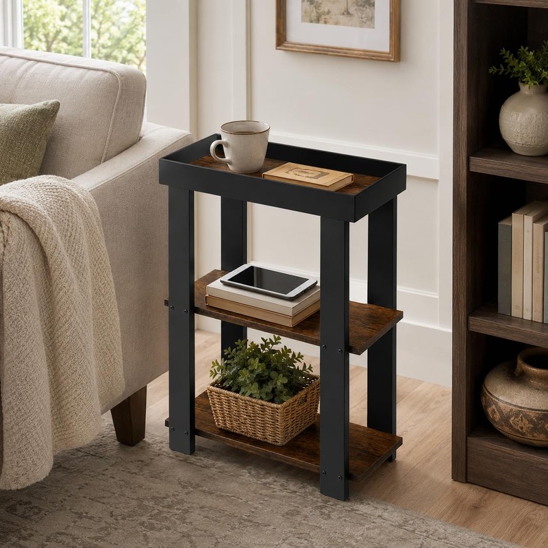 ZEXVIDA Narrow Side Table, 3-Tier Side Table, Rustic Farmhouse Narrow