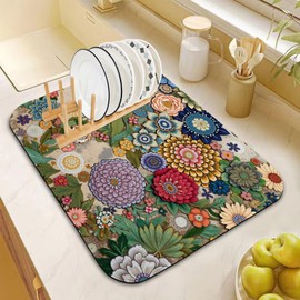Dish Drying Mat for Kitchen Counter 18x24 Inch, Super Absorbent Dish Drainer Mat, Decorative Microfiber Dishes Drying Pad-Large(Luxurious flowers)