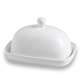 Sweejar Ceramic Butter Dish with Lid for Countertop,Porcelain Butter Keeper with Knob Handle,Butter Container for East/West Coast Butter, 7.3*4.1 inches (White)