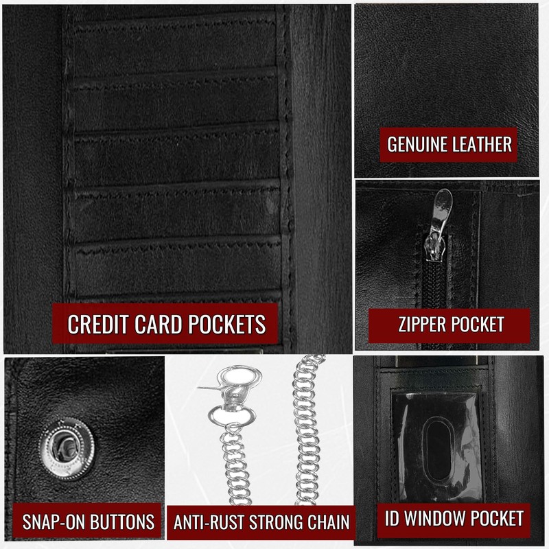 IBRO Motorcycle Chain Wallet for Men – Premium Cowhide Leather,