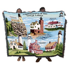 Lighthouses of The Great Lakes - Split Rock, Round Island, Whitefish, Rock Harbor, Outer Island, St Helena - Cotton Woven Blanket Throw - Made in The USA (72x54)