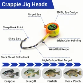 FINOSEAK 60Pcs Big Eye Crappie Jig Heads Kit, Bright Color Panfish Crappie Jigs Hook, Round Fishing Jig Head with Wired Bait Keeper 3 Sizes Assorted 1/32oz 1/16oz 1/8oz