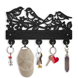 ORIGACH Wooden Bird Key Hooks with 5 Metal Hooks Key Holder for Wall 30 x 16.9 cm Birds on Flowering Branches Wall Mounted Black Hangers for Front Door Kitchen Entrance Bedroom