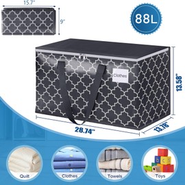 EpicTotes Extra Large Moving Bags, Heavy-Duty Storage Totes with Zipper Top and Sturdy Handles, Moving Supplies for Space Saving and Packing, Collapsible Storage Bags, Black & Gray, 88L, 4-Pack