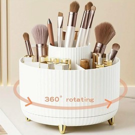 360° Rotating  Brush Organizer – Vanity & Bathroom Storage Tray for Brushes, Cosmetics & Beauty Essentials,Rotating pen organizer household sundries ABS  Organizer Gift Boxes Pink Makeup:_White