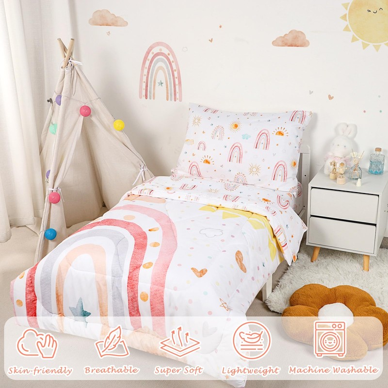 CARUILI Toddler Bedding Set for Girls 4 Piece Pink Rainbow