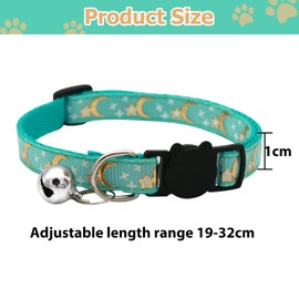 ZWWOGE Pack of 4 Cat Collars with Safety Clasp, Reflective Cat Collars, Adjustable, Cat Collar with Bell, Moon and Star Pattern, Yellow, Lake Blue, Mint Green, Pink
