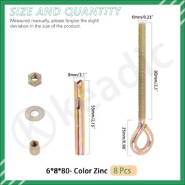 Keadic 8Pcs M10 Concrete Eye Bolts, Eye Bolt in Colored Zinc Plated, Shoulder Eye Bolt, Concrete Brick Expansion Screws Closed Hook Bolts Heavy Duty Expansion Screw Lifting Ring Bolt for Wall