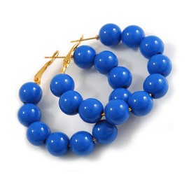 Medium Size Royal Blue Acrylic Bead Hoop Earrings in Gold Tone - 40mm Diameter