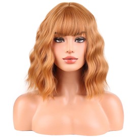 BERON Women Strawberry Blonde Short Curly Wave Wig with Bangs Girls' Blond Shoulder Length Heat Resistant Synthetic Wigs for Party Cosplay and Daily