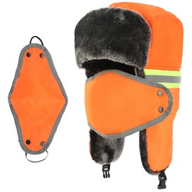 Ushanka Men's Winter Trapper Hat with Ear Flaps - Windproof Mask Fluorescent Orange Faux Fur Inner Russian Trooper Hat Hunting Skiing Hat for Men Women