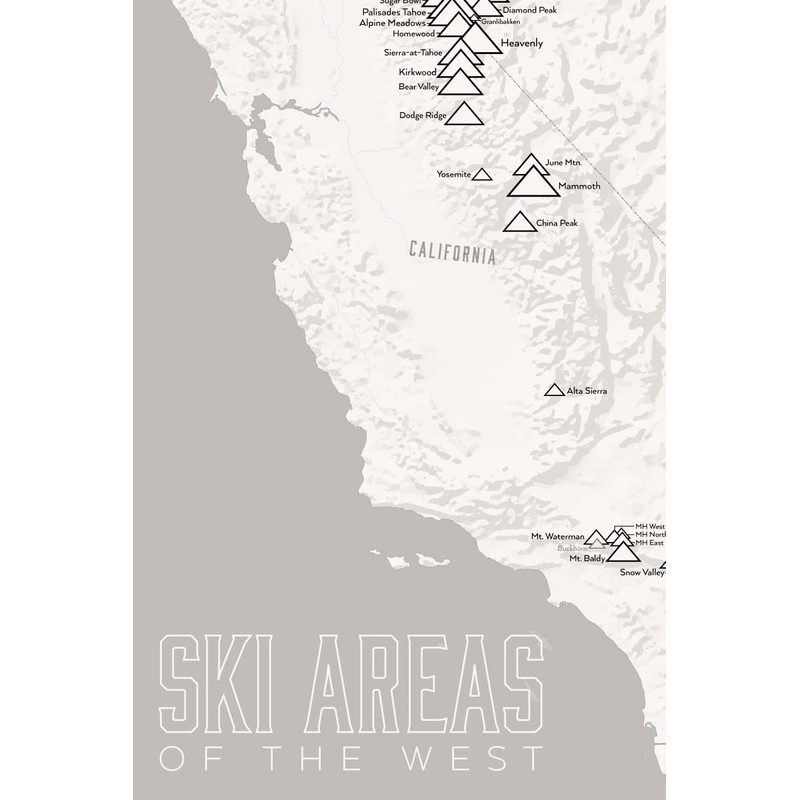 Western Ski Resorts Map 24x36 Poster (White & Gray)